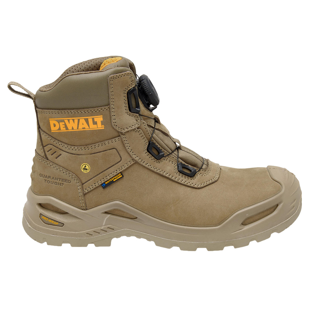 DEWALT Lander Mens Waterproof, BOA®, Nubuck Leather, Wide Fit, Non-Metallic Safety Toe Work Boot, Stone, Side View