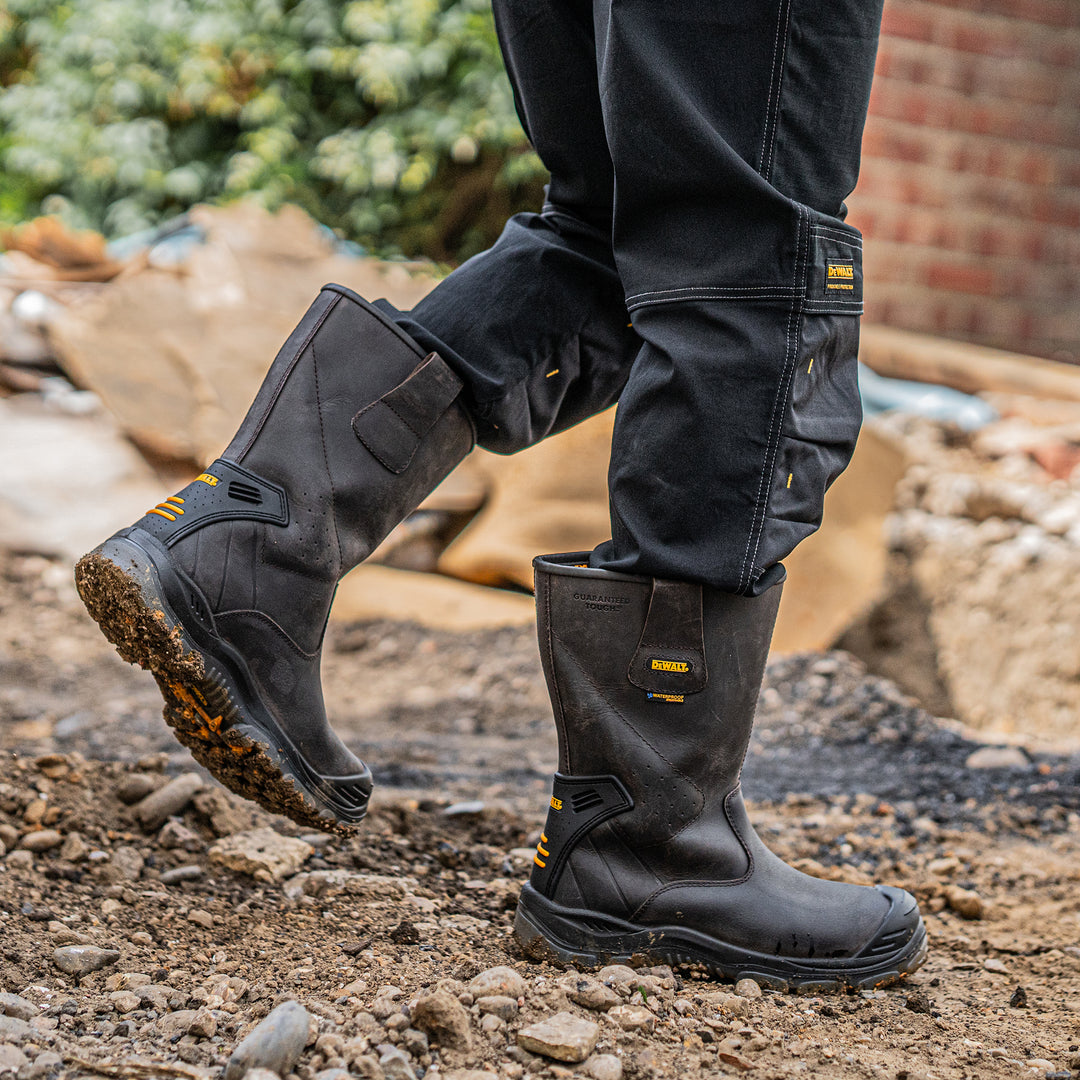 DEWALT Tungsten Waterproof, Steel Safety Toe Cap, Rigger Work Boot on site image rear