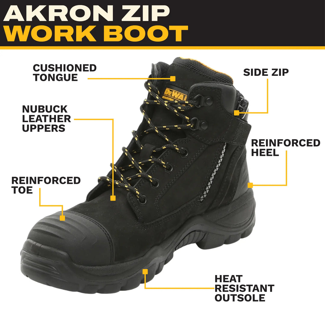 Black Akron Zip work boot with yellow accents, shown on a white background with callout labels pointing to features such as the cushioned tongue, nubuck leather uppers, side zip, reinforced heel, reinforced toe, and heat resistant outsole.