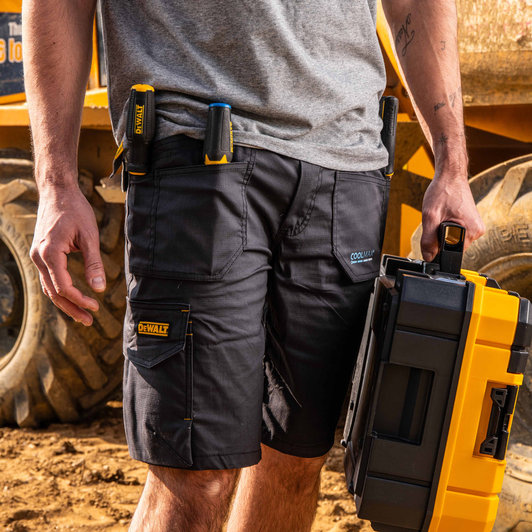 DEWALT Barrington Men's Coolmax, Slim Fit, Holster Pocket Cargo Work Shorts, Grey, Model View