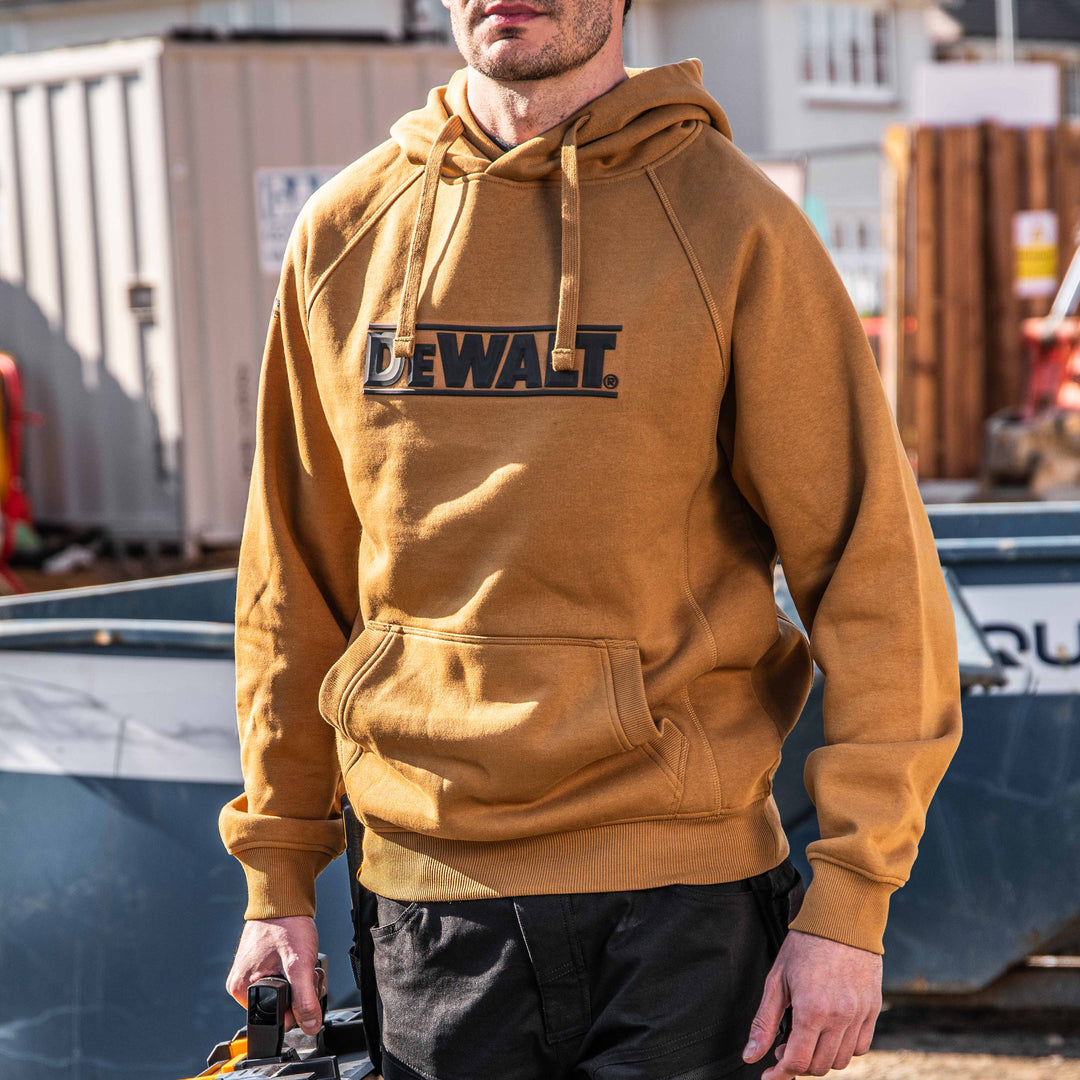 DEWALT Berlin Men's Cotton Poly, Water Resistant, Regular Fit Hoodie, Dijon, Model Detail Front View
