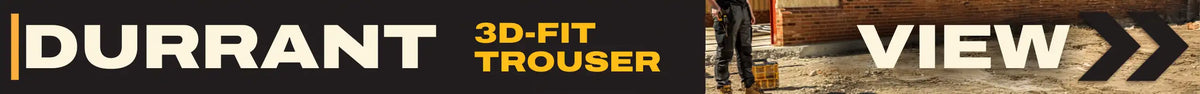 Promotional banner for a Durrant 3D-fit trouser, featuring a black and white text layout with a small lifestyle image of a man wearing the trousers in a workshop setting.
