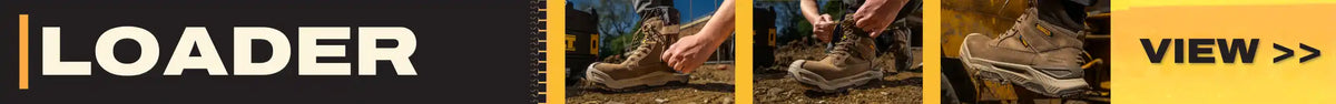 A promotional banner with the word 'LOADER' on a black background, three vertical panels showing close-up views of brown hiking boots worn outdoors and handled, and a yellow 'VIEW' button on the right.