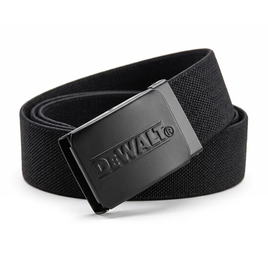 A black woven belt with a matte black metal buckle featuring the embossed brand name 'DE'WALT®', shown on a clean white background.