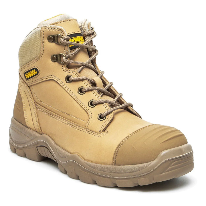 A single DeWalt work boot in tan and brown, featuring a lace-up design, protective toe cap, and rugged sole, shown on a white background.