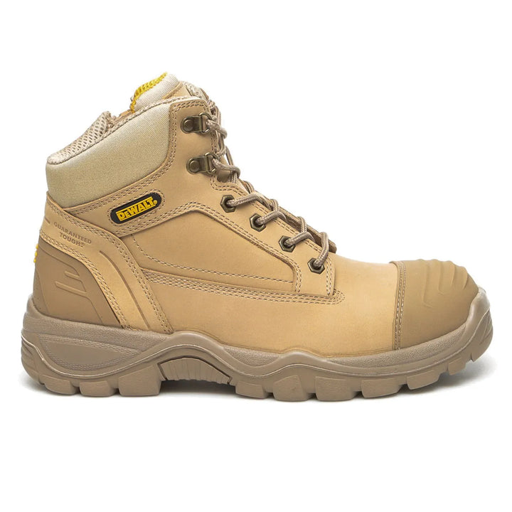 A single DeWalt work boot in tan and beige, featuring a protective toe cap, lace-up closure, and a rugged sole, shown against a plain white background.