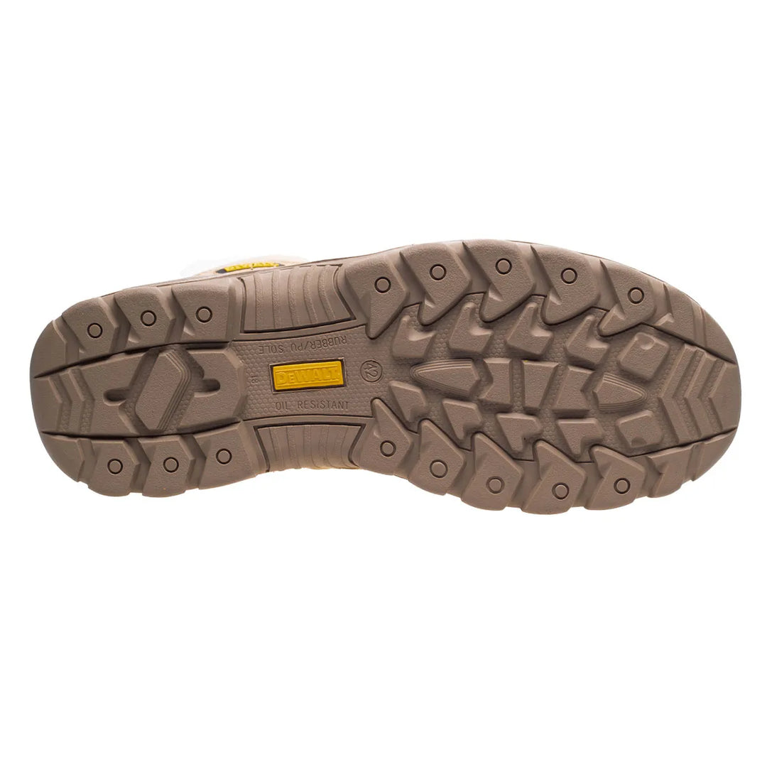 The outsole of a brown rugged work boot, showing deep tread patterns and a small yellow Vibram logo on a white background.