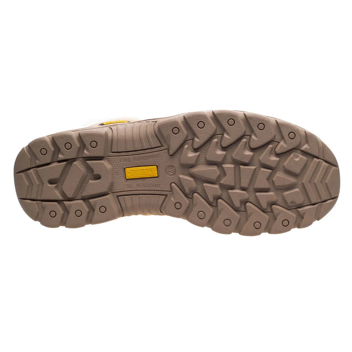 The outsole of a brown rugged work boot, showing deep tread patterns and a small yellow Vibram logo on a white background.