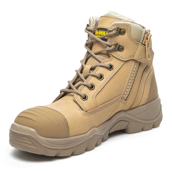 A tan mid-calf work boot with a thick lug sole, lace-up front, and a side zipper, shown on a white background.