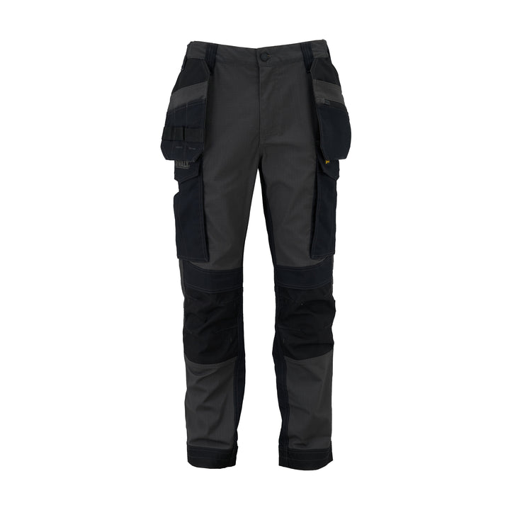 Black and gray work pants with multiple pockets on a white background
