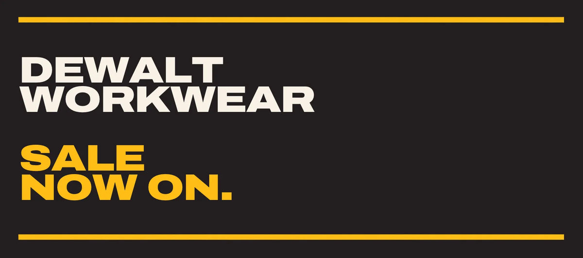 Promotional graphic for Dewalt Workwear featuring the text 'DEWALT WORKWEAR' in white and 'SALE NOW ON.' in yellow on a black background, with yellow horizontal lines at the top and bottom.