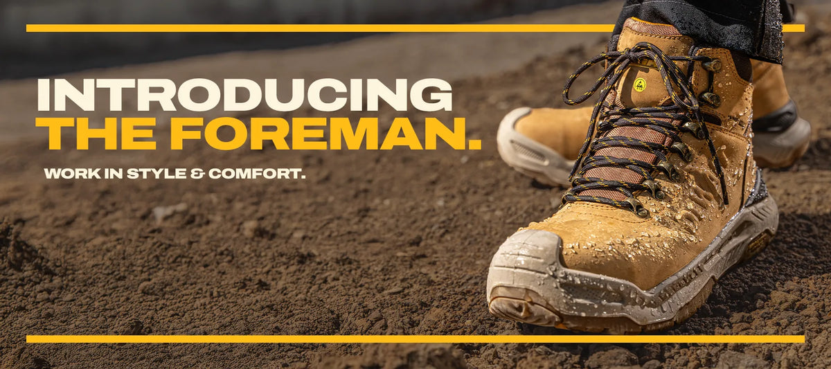 A pair of tan work boots standing in dirt, with bold text reading 'INTRODUCING THE FOREMAN. WORK IN STYLE & COMFORT.