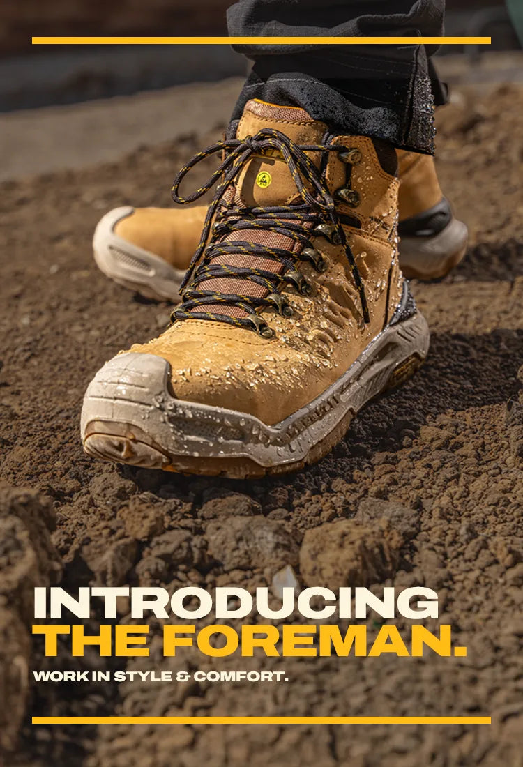 A close-up of a tan work boot standing in loose soil, with a second matching boot blurred in the background. Large text at the bottom reads, 'INTRODUCING THE FOREMAN.
