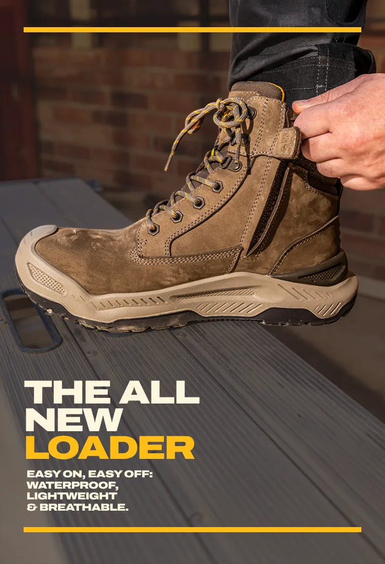 A brown suede work boot with a tan sole being worn, with a hand adjusting the lace area. The image includes text overlays reading 'THE ALL NEW LOADER' and descriptive marketing copy.