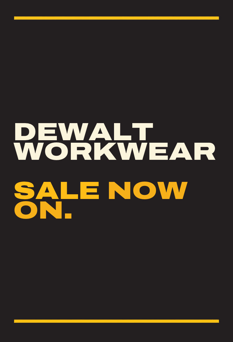 Promotional graphic for Dewalt Workwear featuring the text 'DEWALT WORKWEAR SALE NOW ON.' in white and yellow on a black background, with yellow horizontal lines at the top and bottom.