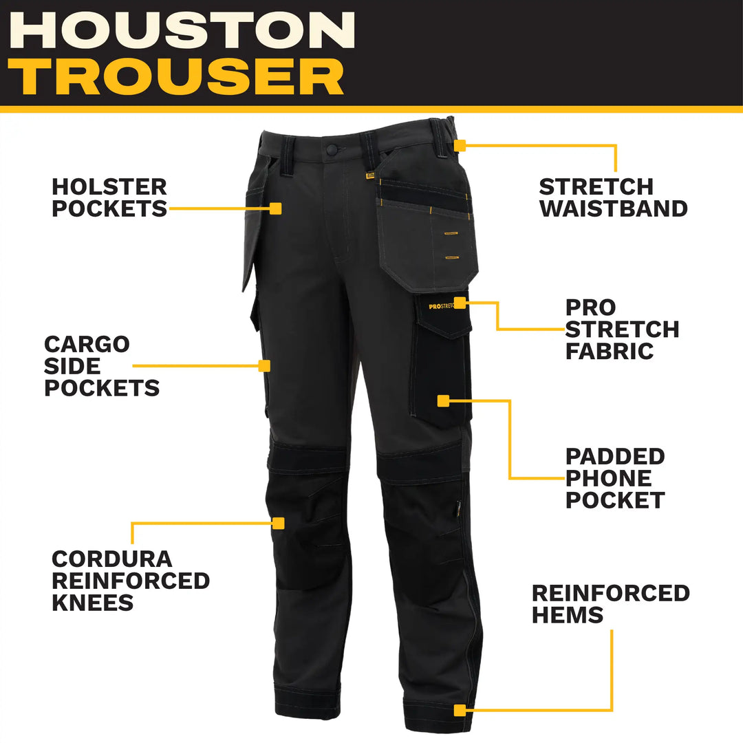 Black work trousers with multiple labeled features and callouts on a white background, including holster pockets, cargo side pockets, stretch waistband, pro stretch fabric, padded phone pocket, cordura reinforced knees, and reinforced hems.