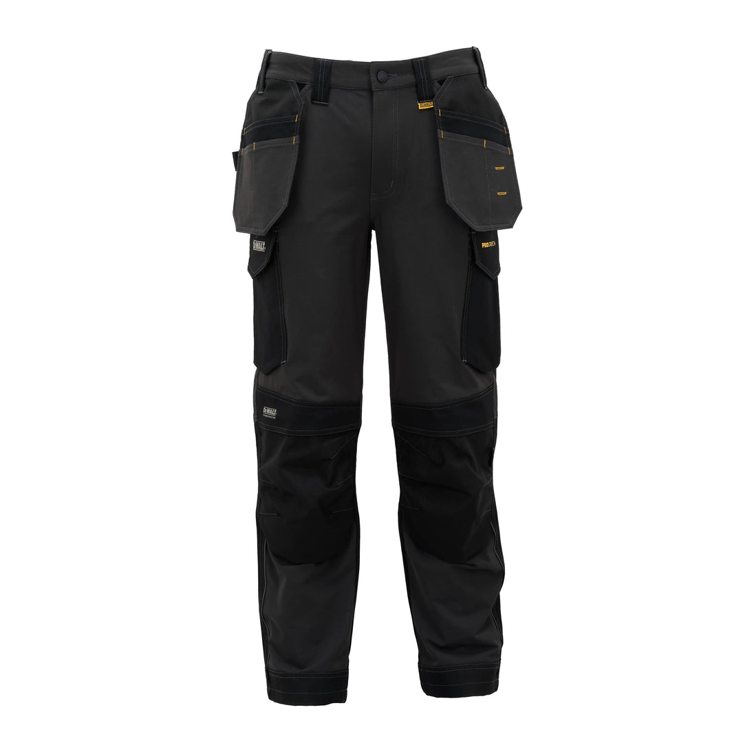 Black work pants with multiple utility pockets and reinforced knee panels, shown against a plain white background.