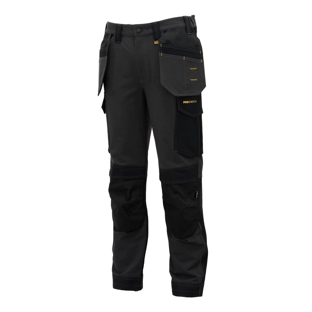 Black work pants with multiple utility pockets and yellow branding details, shown on a plain white background.