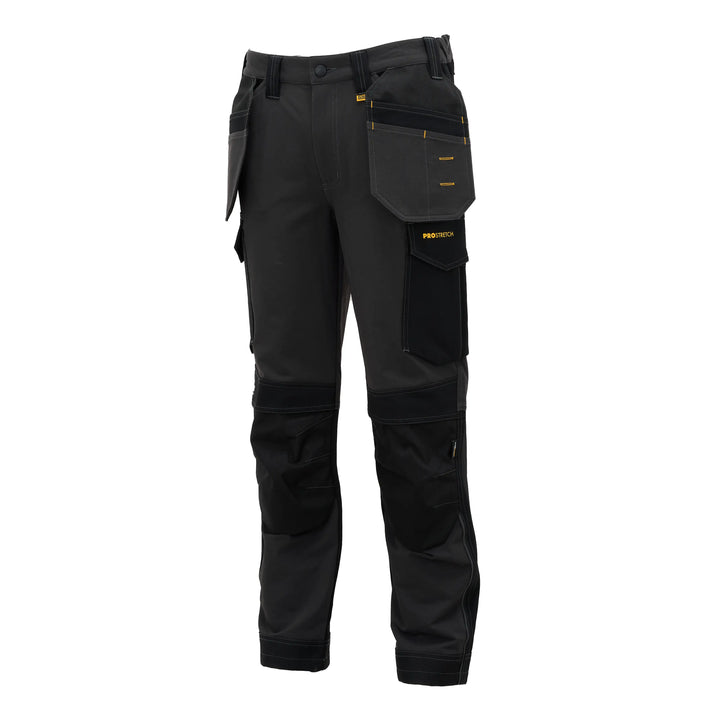 Black work pants with multiple utility pockets and yellow branding details, shown on a plain white background.