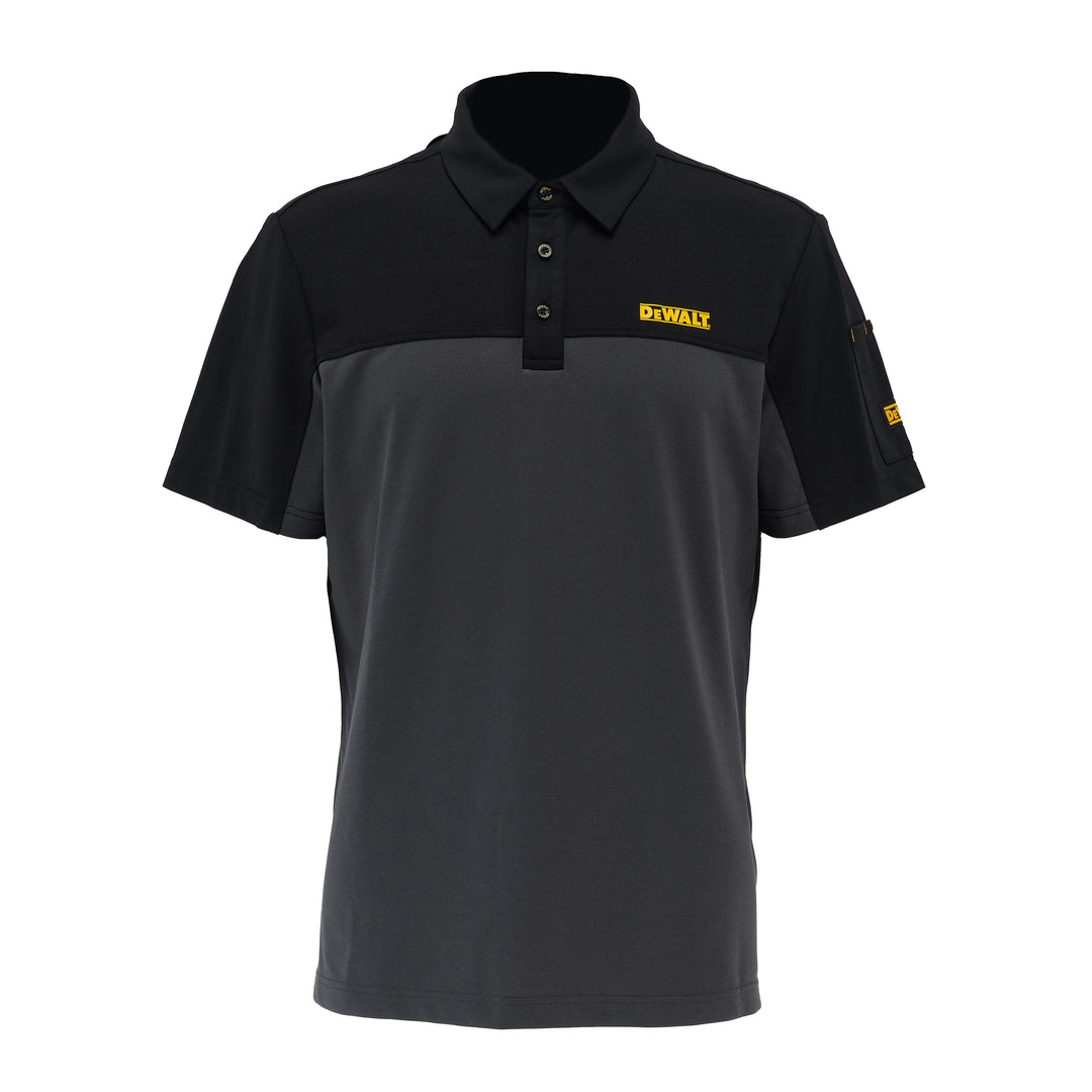 Black and gray polo shirt with Dewalt logo on a white background