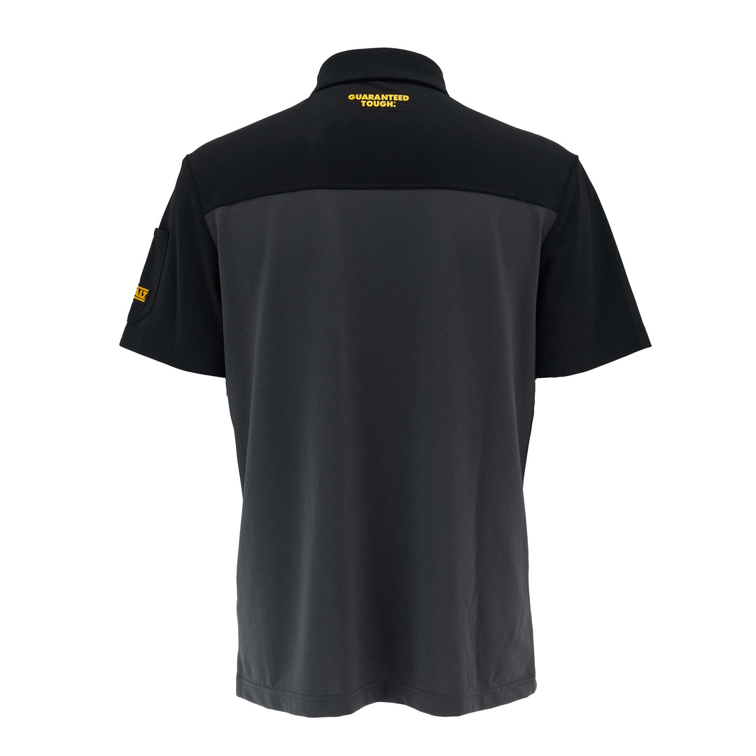 Black and gray polo shirt with brand logo on a white background