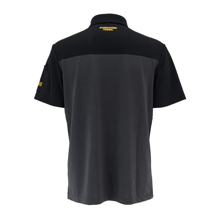 Black and gray polo shirt with brand logo on a white background