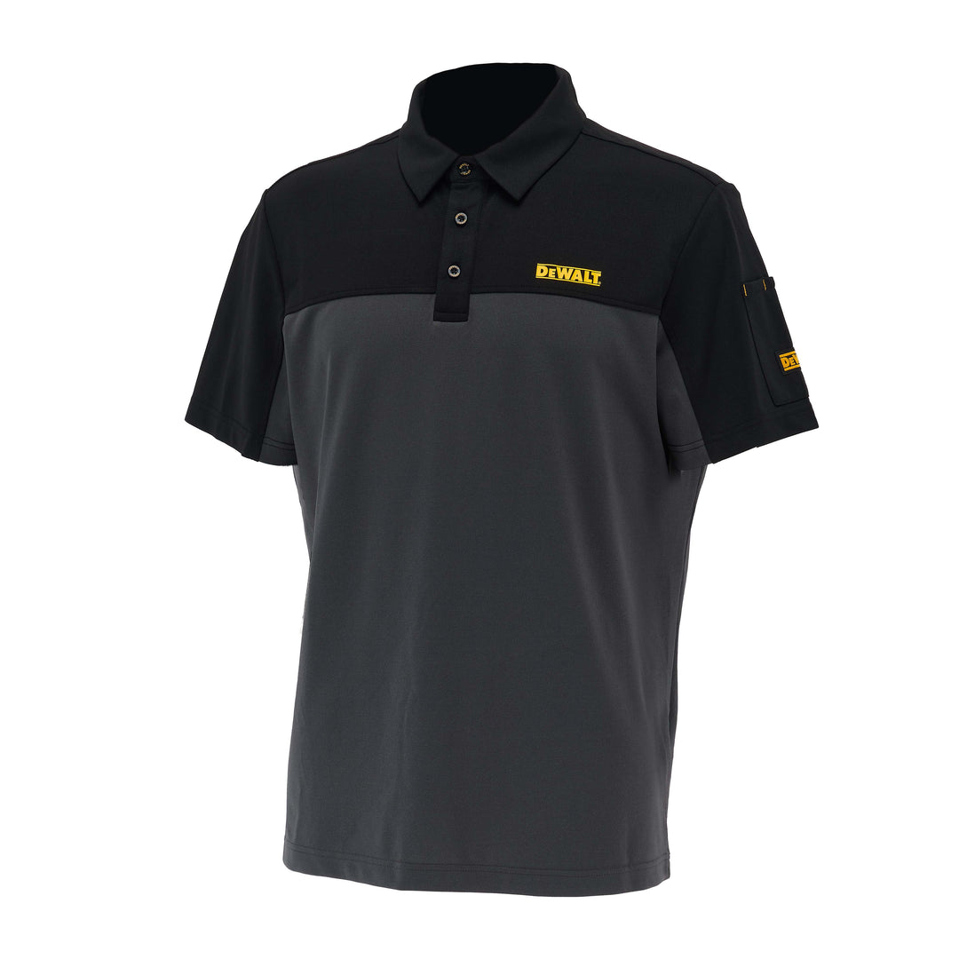 Black and gray polo shirt with Dewalt logo on a white background