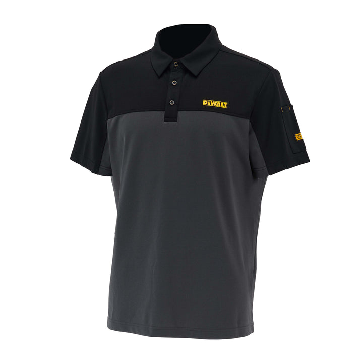 Black and gray polo shirt with Dewalt logo on a white background