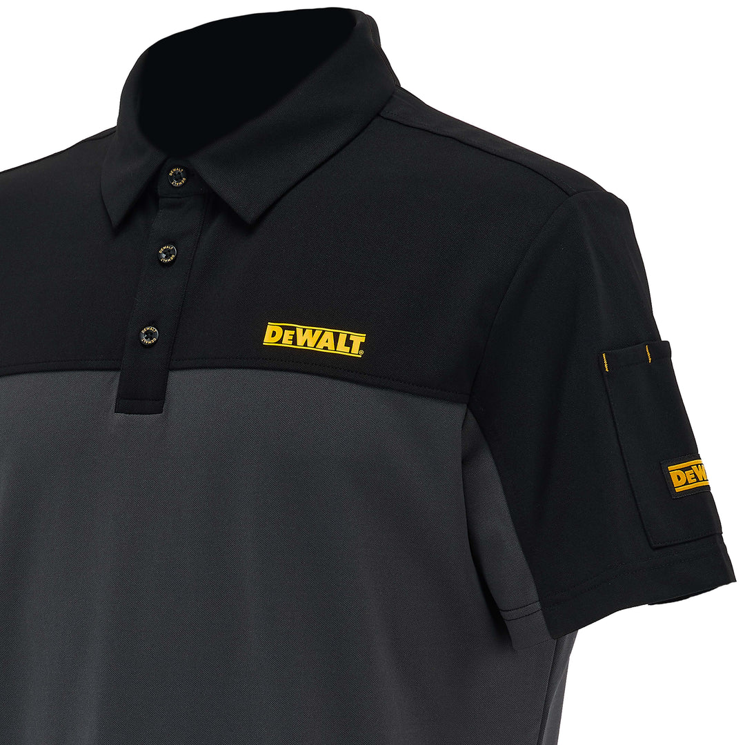Black and gray polo shirt with Dewalt logo on a white background