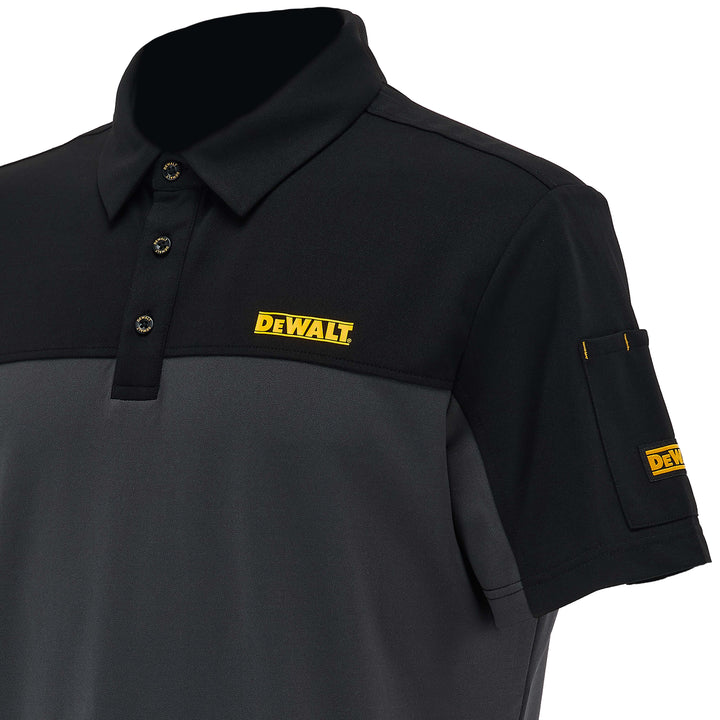 Black and gray polo shirt with Dewalt logo on a white background