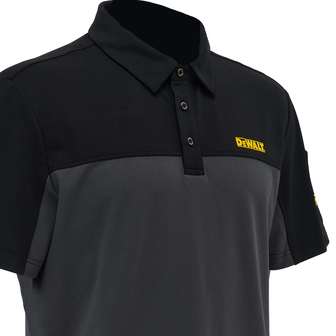 Black and gray polo shirt with a yellow Dewalt logo on a white background