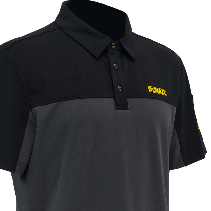 Black and gray polo shirt with a yellow Dewalt logo on a white background