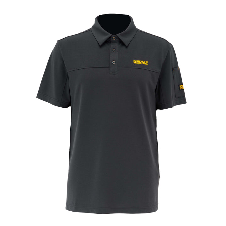 Black polo shirt with Dewalt logo on a white background