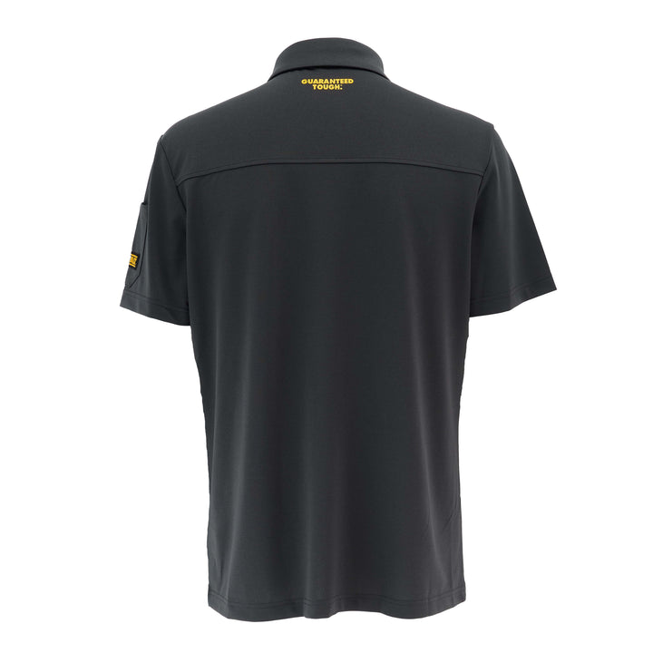 Black polo shirt with yellow text on the back against a white background