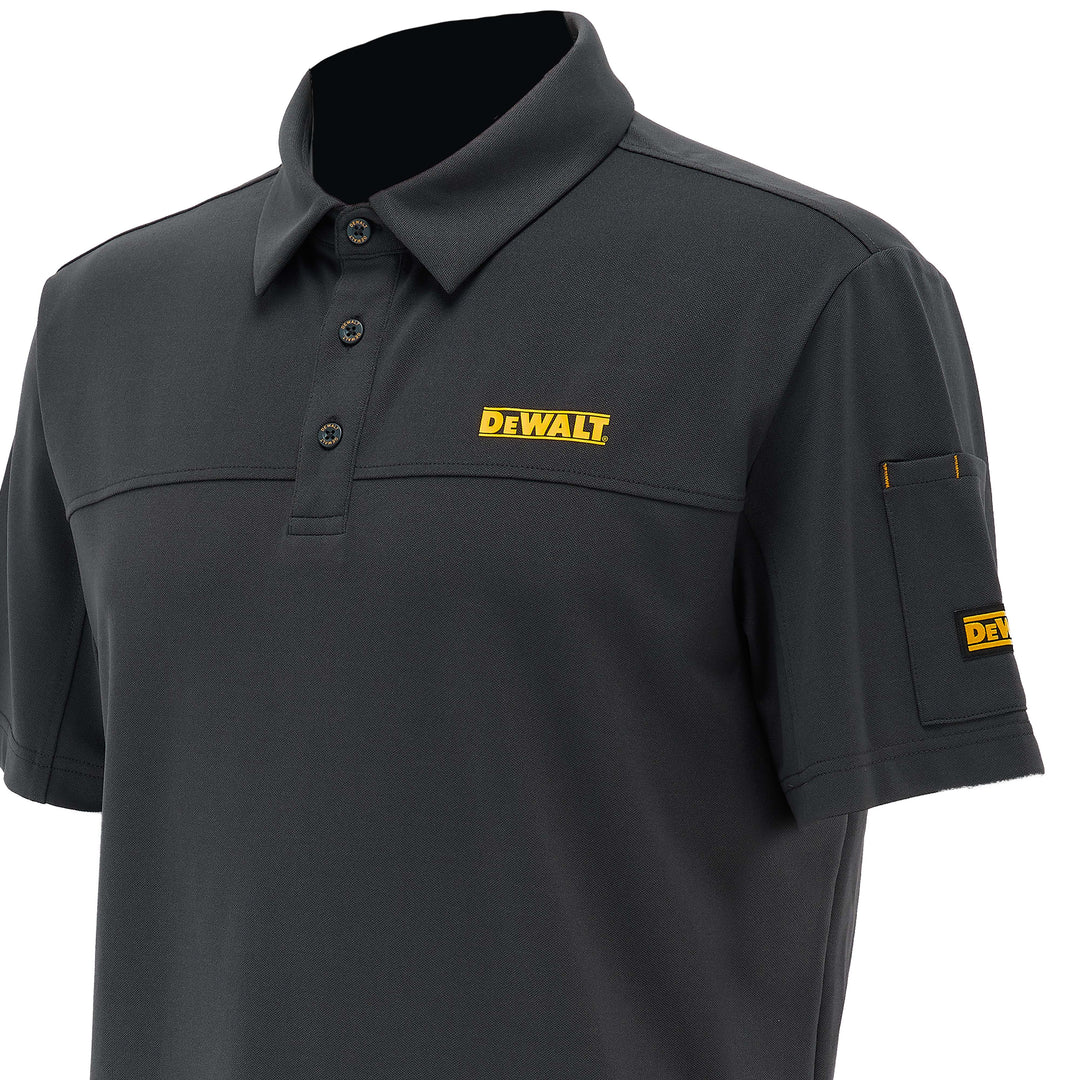 Gray polo shirt with Dewalt logo on a white background