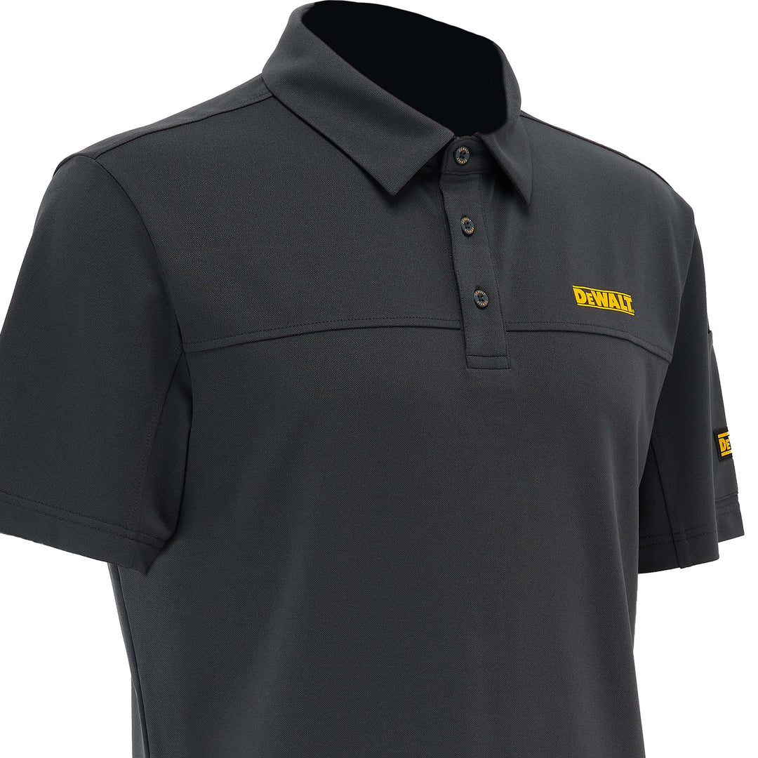 Gray polo shirt with yellow DEWALT logo on a white background