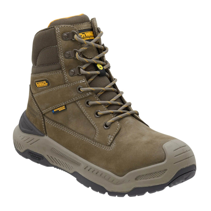 A single DeWalt work boot in olive brown suede and synthetic materials, featuring a gray and black sole, lace-up closure, and visible DeWalt brand tags on the side and tongue.