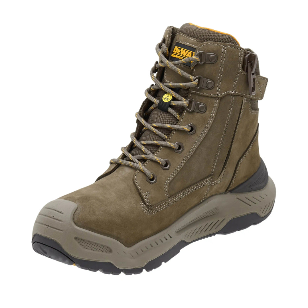 A single DEWALT mid-calf work boot in olive brown suede and synthetic leather, featuring a lace-up front, side zipper, and protective toe cap, shown on a white background.