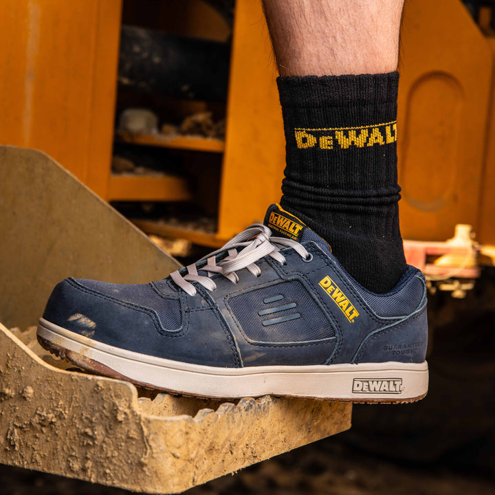DEWALT Macon Men's Lightweight, Non-Metallic, Penetration Resistant, CoolMax Work Safety Trainer, Navy, Model View Close Up Facing Left