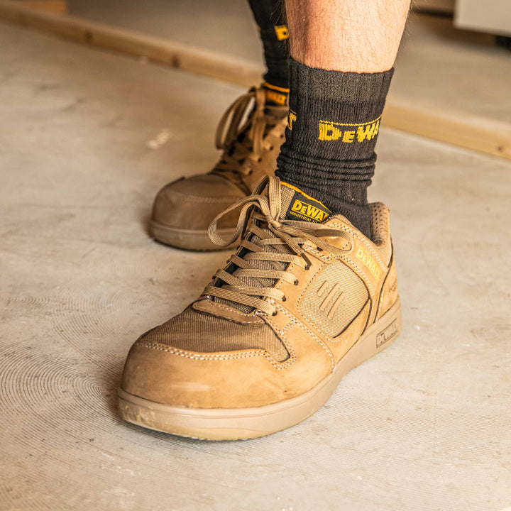 DEWALT Macon Men's Lightweight, Non-Metallic, Penetration Resistant, CoolMax Work Safety Trainer, Stone, Model View Close Up Facing Left