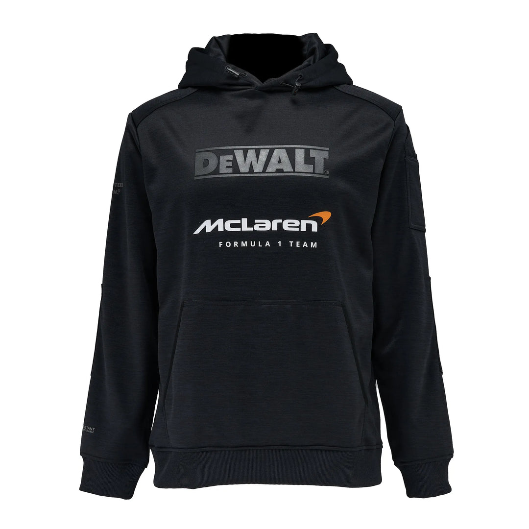 A black pullover hoodie featuring 'DEWALT' in a dark gray metallic-style font on the chest, with 'McLaren Formula 1 Team' printed below in white and orange. The hoodie is shown against a plain white background.