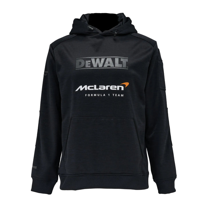 A black pullover hoodie featuring 'DEWALT' in a dark gray metallic-style font on the chest, with 'McLaren Formula 1 Team' printed below in white and orange. The hoodie is shown against a plain white background.