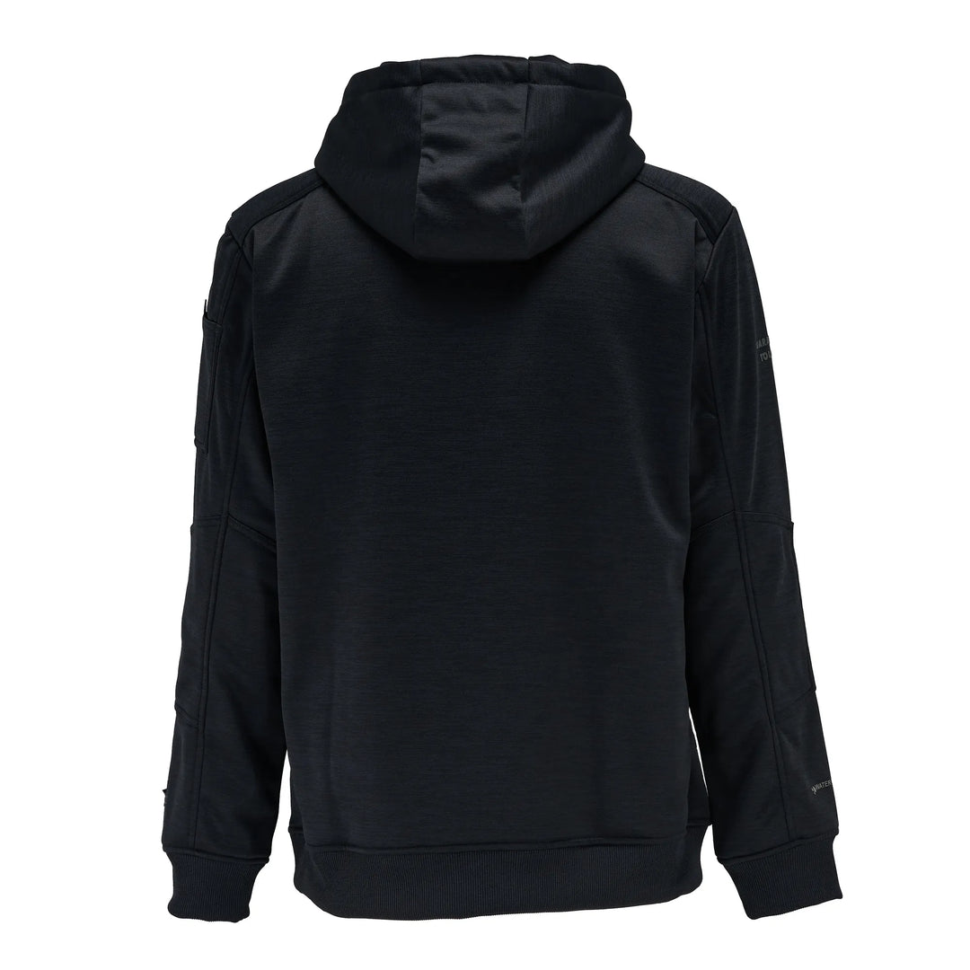 A black hooded sweatshirt shown from the back, featuring a textured fabric and zippered sleeve details, set against a plain white background.