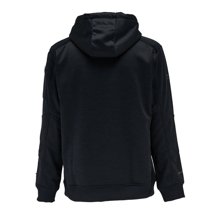 A black hooded sweatshirt shown from the back, featuring a textured fabric and zippered sleeve details, set against a plain white background.