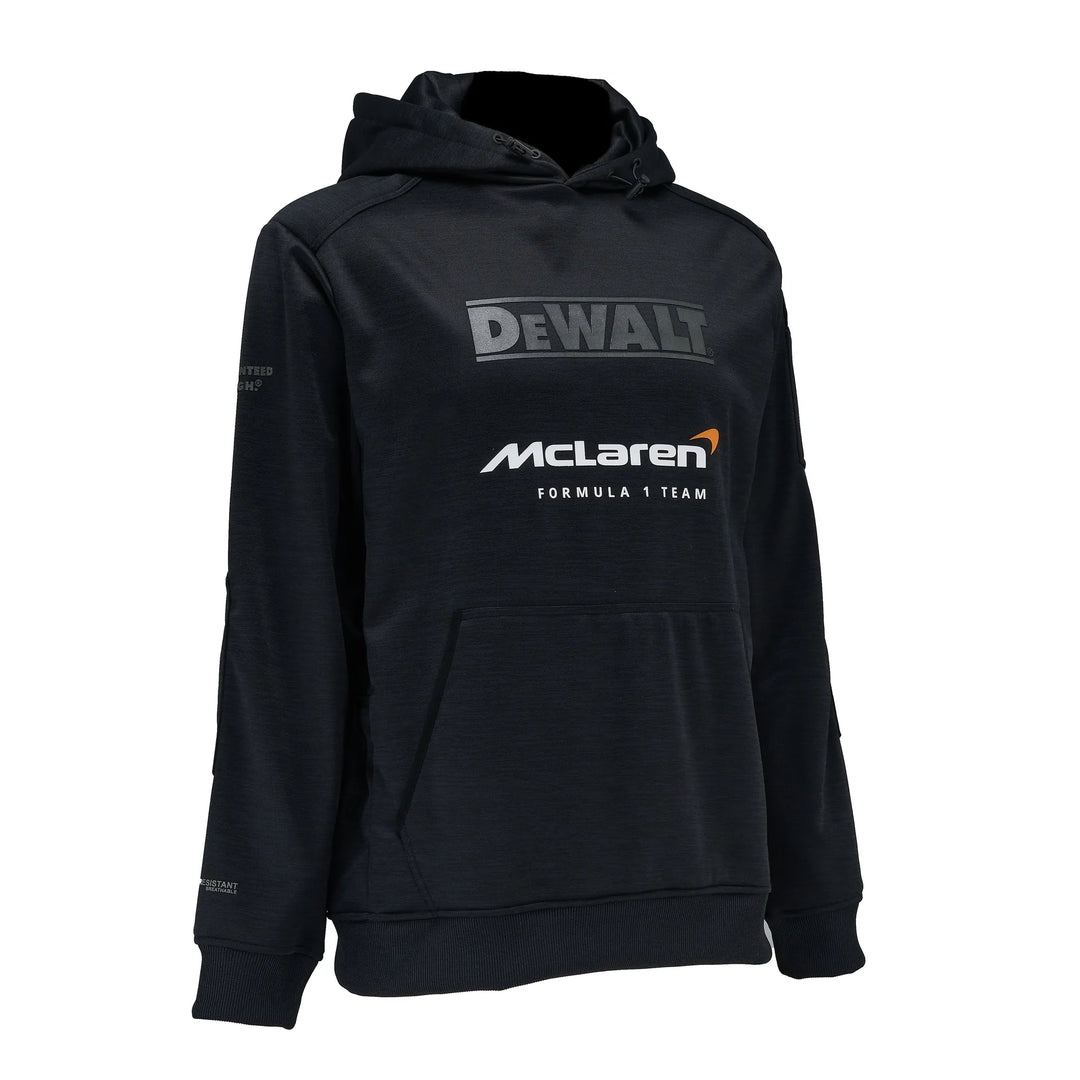 A black pullover hoodie featuring the 'DEWALT' logo in gray on the chest, with the 'McLaren Formula 1 Team' logo printed below it in white and orange.