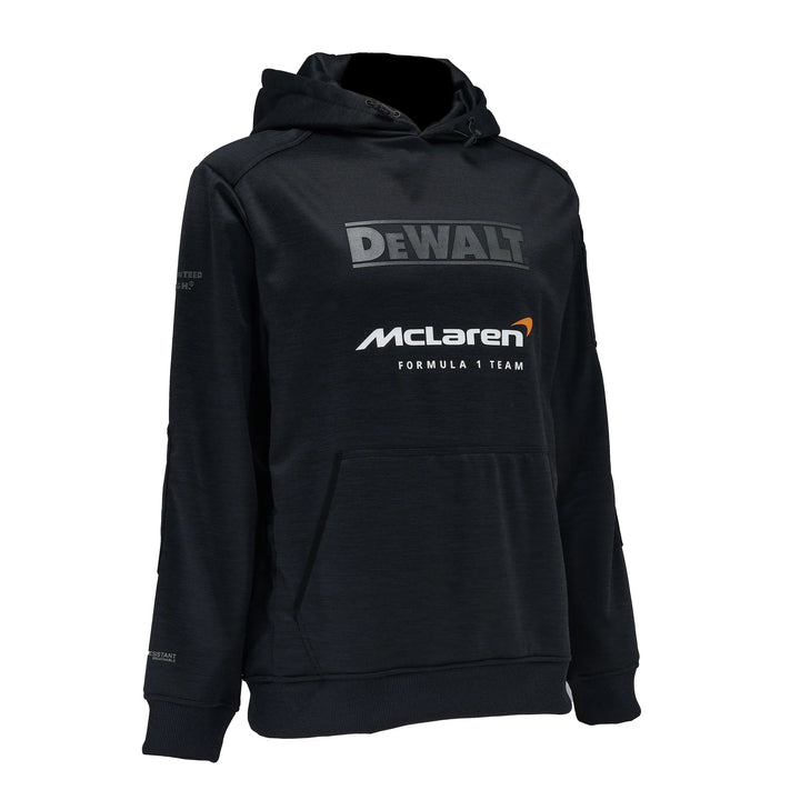 A black pullover hoodie featuring the 'DEWALT' logo in gray on the chest, with the 'McLaren Formula 1 Team' logo printed below it in white and orange.