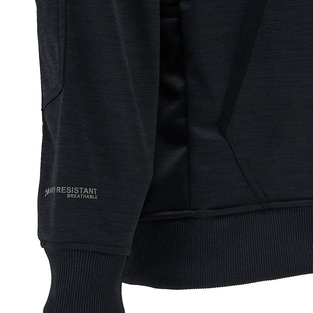 Close-up of a black hoodie showing the sleeve cuff with 'WATER RESISTANT BREATHABLE' text, ribbed cuffs and hem, and a black drawstring on a white background.