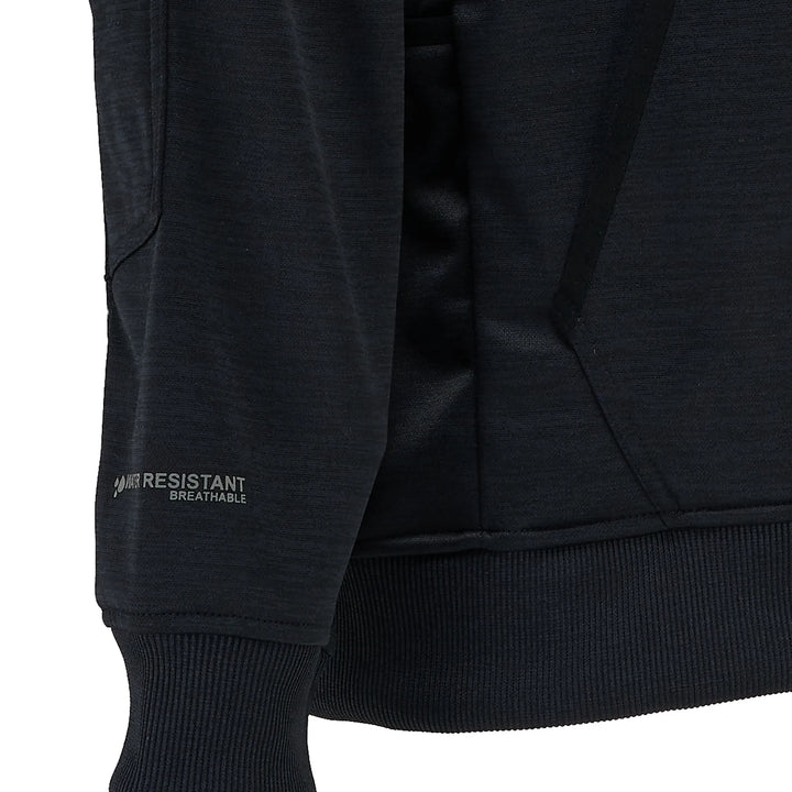 Close-up of a black hoodie showing the sleeve cuff with 'WATER RESISTANT BREATHABLE' text, ribbed cuffs and hem, and a black drawstring on a white background.
