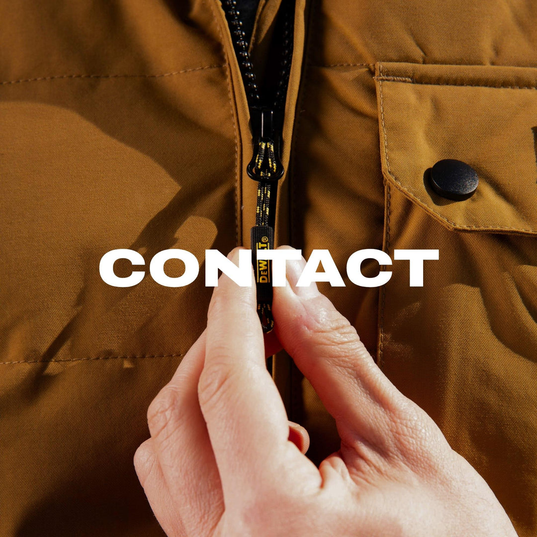 Brown jacket with a hand zipping it up, text 'CONTACT' overlayed.