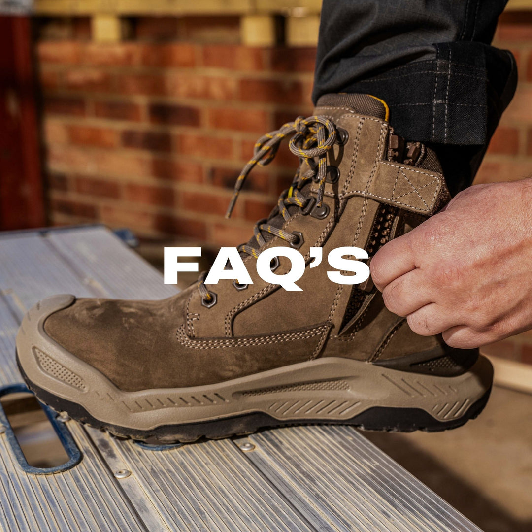 Person wearing a brown work boot with 'FAQ'S' text overlay on a construction site background.
